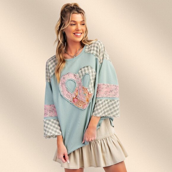 EASEL "Full Heart" Cotton Terry Mix Fabric & Print Embroidered Raw Frayed Edges - Picture 5 of 14